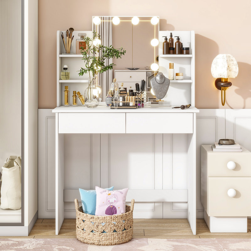 Dressing Table Set With 2 Large Drawers,Vanity Mirror 3 Lighting Color Adjustable