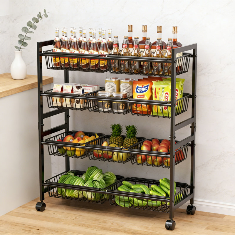 4-Tier Rolling Snack Cart With 10 Baskets, Kitchen Storage Organizer, Black