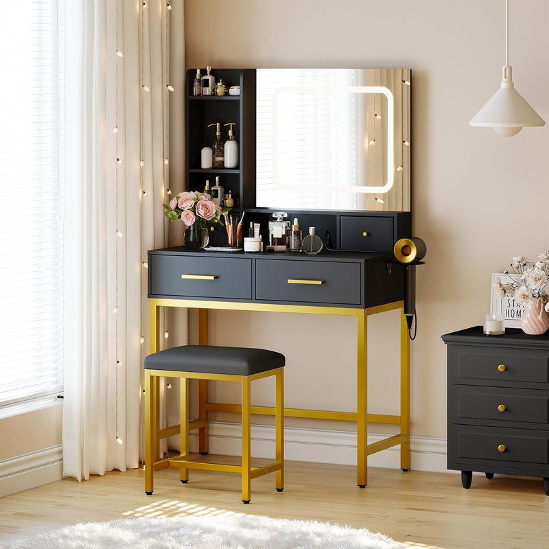 Vanity Desk with 3-Color LED Mirror & Charging Station, Dressing Table with 4 Drawers, Storage Shelves & Stool for Bedroom