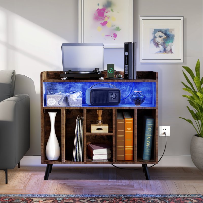 Mid Century Record Player Stand with LED Lights, Charging Station & Vinyl Storage 33.1" H Media Shelves