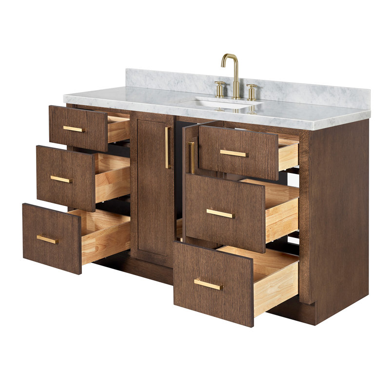Meuble-lavabo rectangulaire simple de 155 cm (61 po) avec comptoir en marbre blanc de Carrare de 3,8 cm (1,5 po) d'épaisseur et finition chêne brun