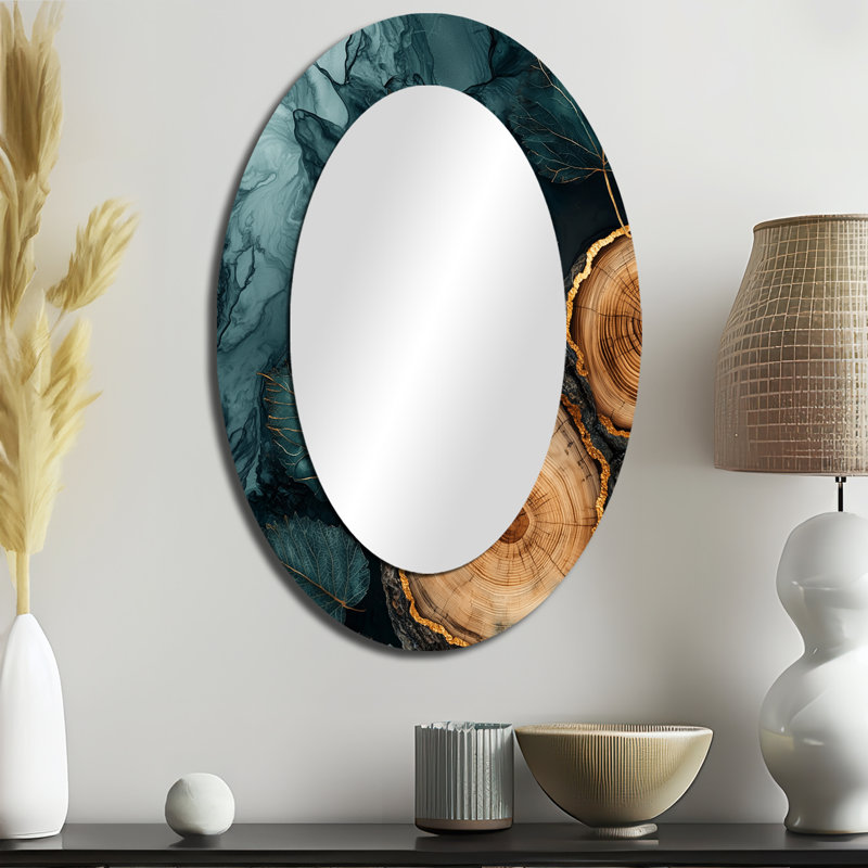 Agate River Of Leaves Wood Slide II - Grand miroir mural ovale sur métal, 36 po x 24 po