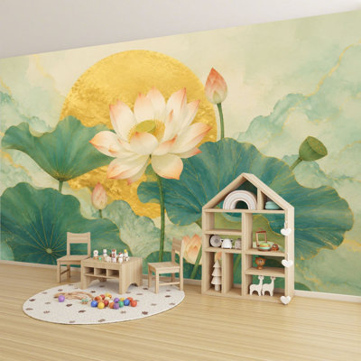 Murale fleurs de lotus, papier peint adhésif vert auto-adhésif pour salon de chambre à coucher, L 69 po x l 96 po