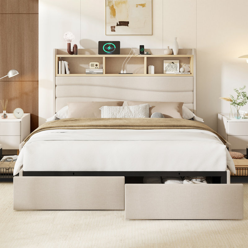 Grand lit avec 6 tiroirs de rangement et tête de lit, cadre de lit tapissier avec station de charge, beige, Beige, Grand lit