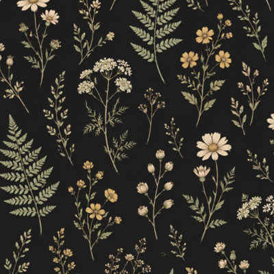 Peel and Stick Wallpaper Elegant Vintage Botanical Golden Beige Wildflowers Leaves Black Wall Mural 23.6"W x 118"H Self Adhesive Removable Wall Paper Renter Friendly Wallpaper for Nursery Bedroom Cabinets