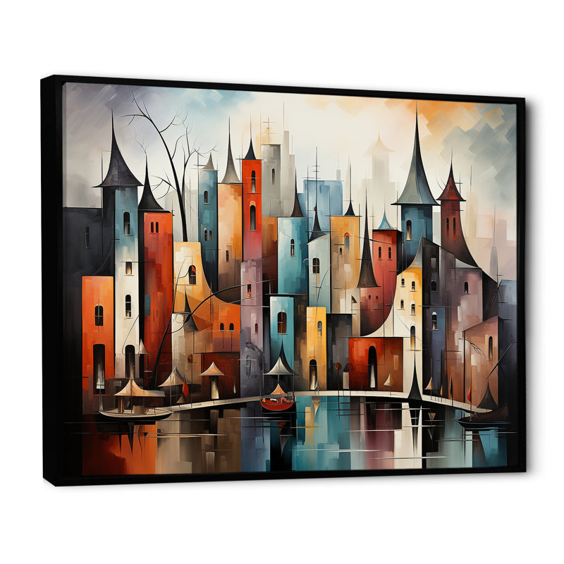 «Cubist Urbanism Horizon I», H 24 po x l 32 po x P 1 po, Cadre flottant noir