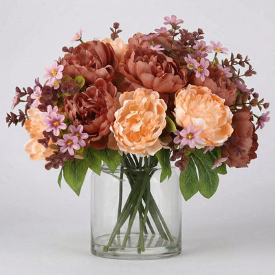 Pivoines artificielles avec vase en verre et eau artificielle pour bouquet de mariage, centre de table, décoration intérieure