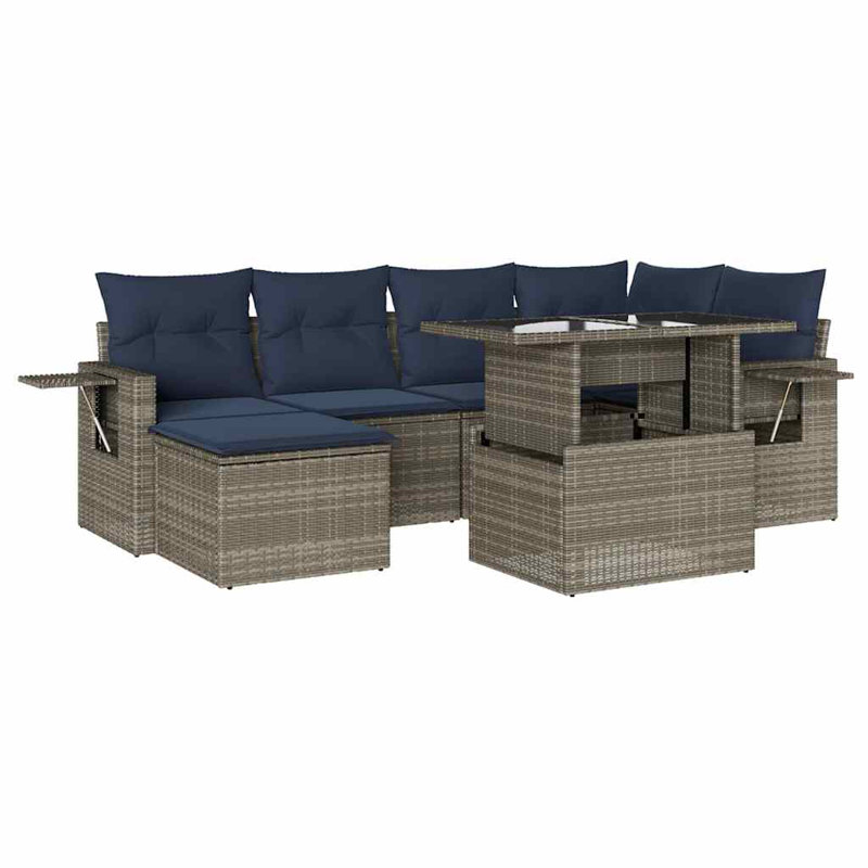 Ensemble de canapé de patio 7 pièces avec coussins en rotin de polyester, Gris, Marine