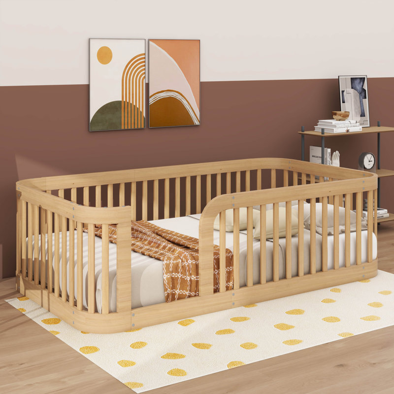 Stylish Twin Wood Floor Bed Frame Boasting Chic Fence Detailing, Natural
