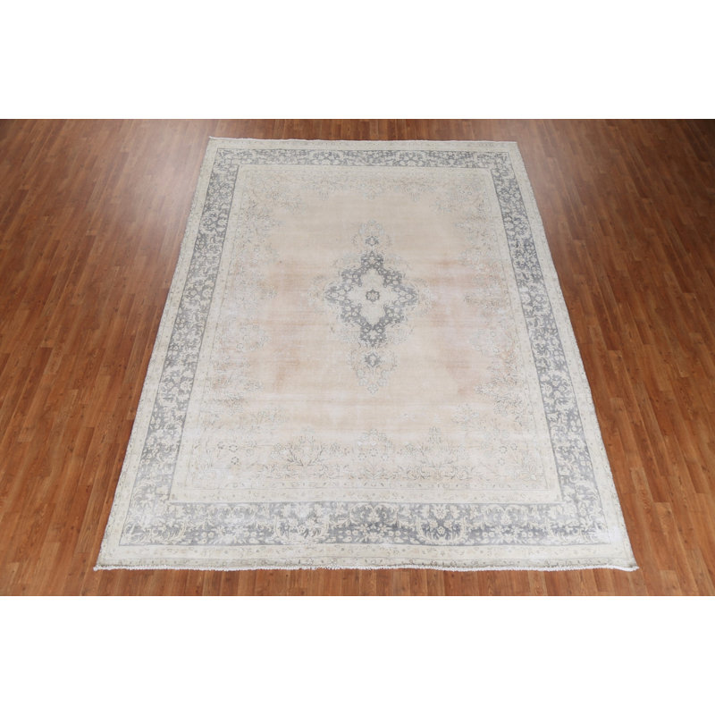 Tapis beige en laine noué à la main de conception unique 1950S 8 pi 9 po x 11 pi 6 po Hulya