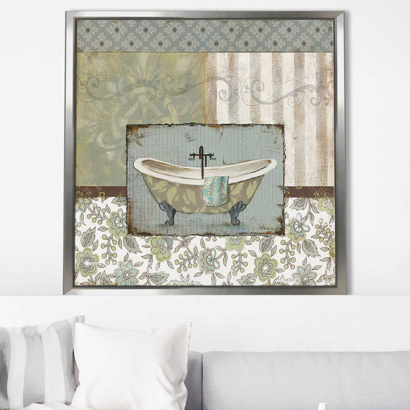 «Country Style Bath I (Square)» par Carol Robinson, reproduction, H 27,5 po x l 27,5 po x P 2 po, Cadre flottant argent