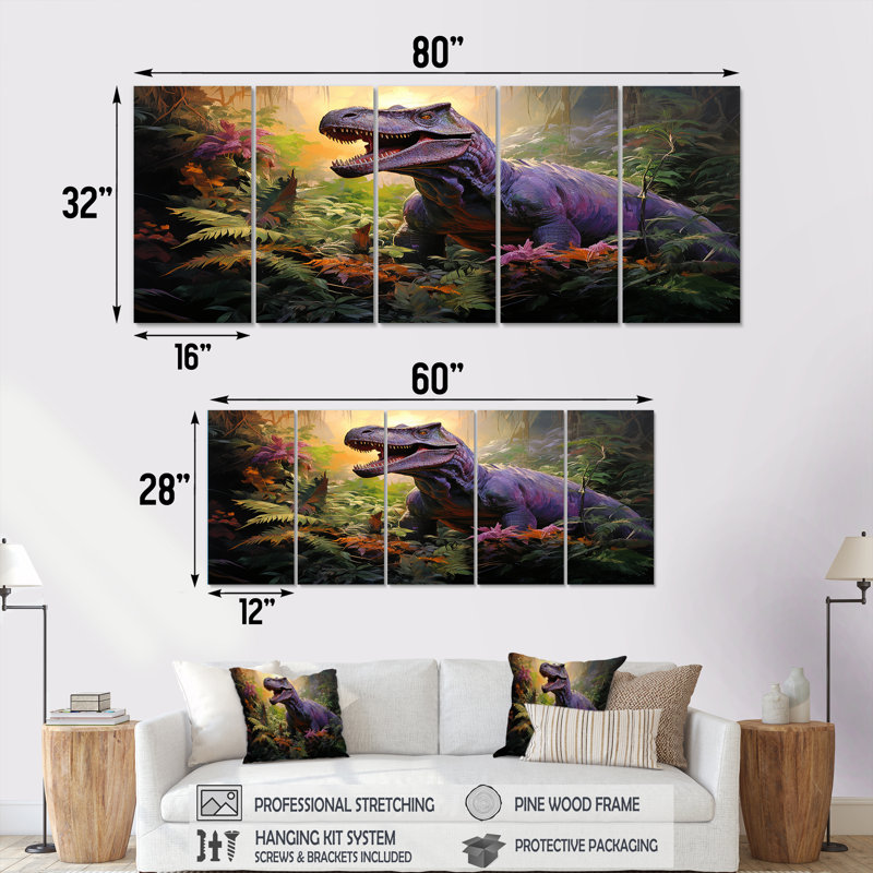 Dinosaure préhistorique dans la jungle - ensemble d'art mural 5 pièces, H 32 po x l 80 po