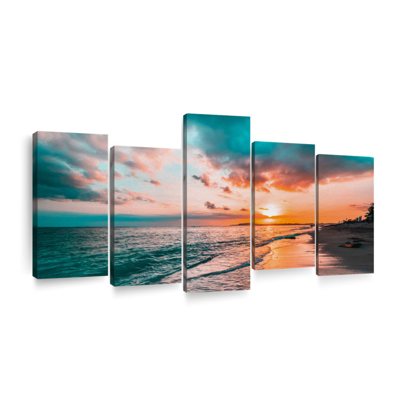 " Beach With Sunset " 5 - Pieces, 12" H x 25" W x 1" D