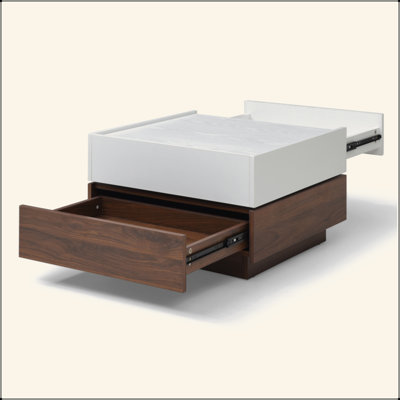 Table basse rotative à 2 tiroirs, table haute en bois à 2 niveaux avec rangement, table basse carrée avec plateau pivotant pour le salon (blanc et noyer)