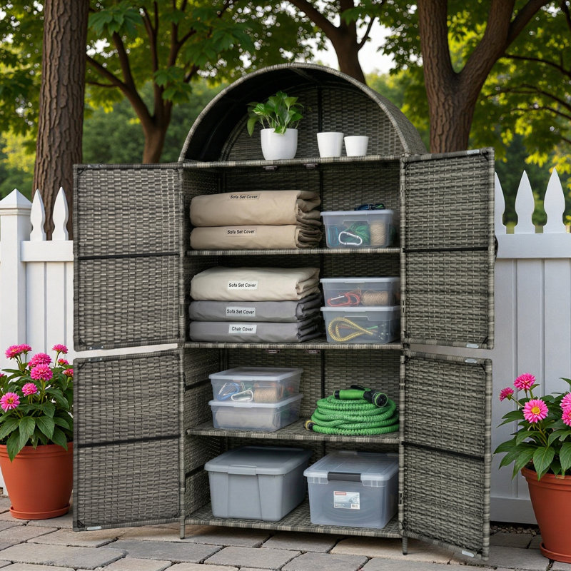 Grande armoire de rangement extérieure en osier avec tablettes réglables, tablette supérieure ouverte et pieds de support réglables en hauteur