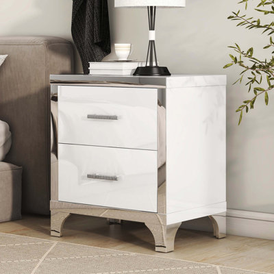 Table de chevet blanche brillante avec poignée en métal et table de chevet à miroir avec 2 tiroirs pour la chambre à coucher et le salon