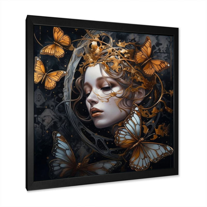 Femme, papillons dorés I - femme, impression d'art mural papillon, H 24 po x l 24 po x P 1 po, Cadre photo noir