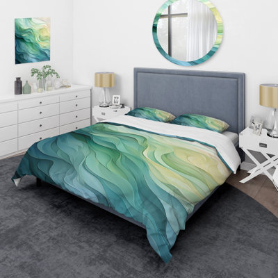 Gree And White Sway Wave Serenity I - Abstract Geometric Duvet Cover Set