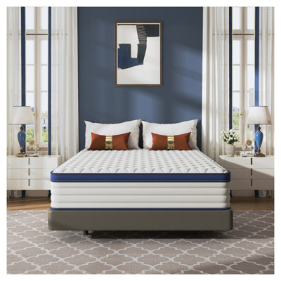 Queen Size Foam and Spring Hybrid Mattress - Pressure Relief & Spinal Support for Restful Sleep, White and Blue
