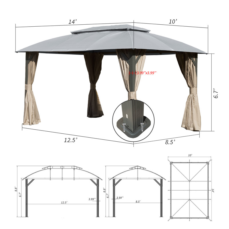 Pavillon de jardin en métal, 9,81 pi x 13,86 pi, Gris