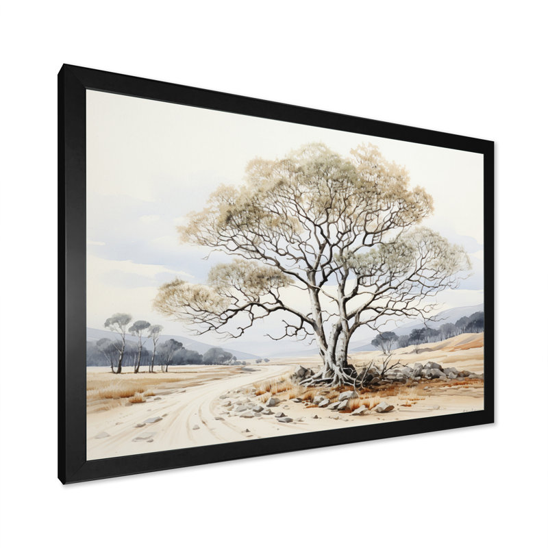 " Beige Tree Monochrome Ink Harmony ", 30" H x 40" W x 1.5" D, Black Picture Framed