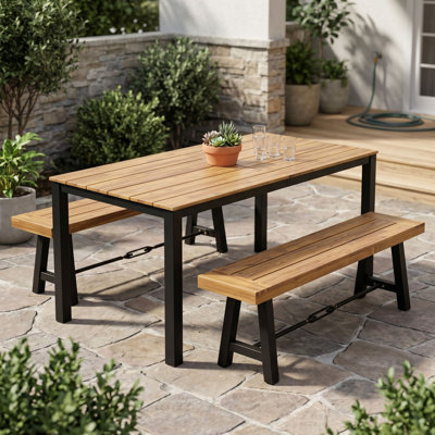 Ensemble de salle à manger d'extérieur moderne en bois d'acacia avec deux bancs Testwuide