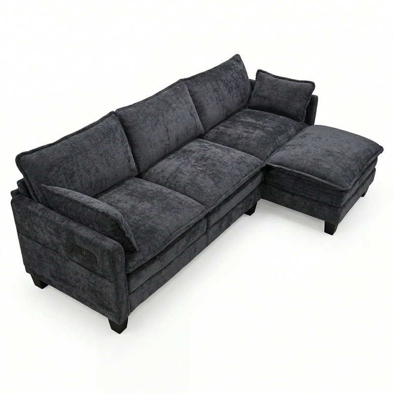 Canapé modulaire moderne, canapé 3 places avec repose-pieds individuel assorti, Chenille+Black
