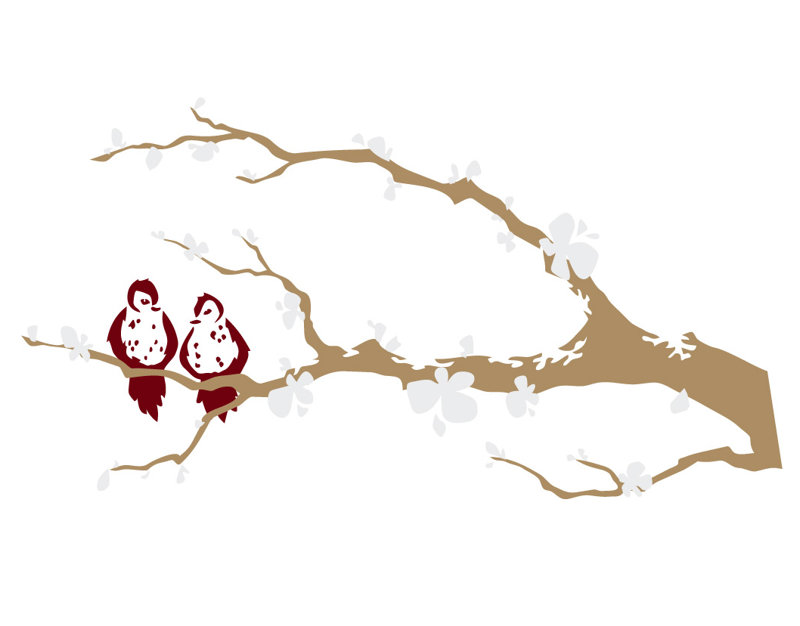 Décalcomanie murale branche arbre love oiseaux, H 31 po x l 60 po x P 0,01 po, Blanc / Bourgogne