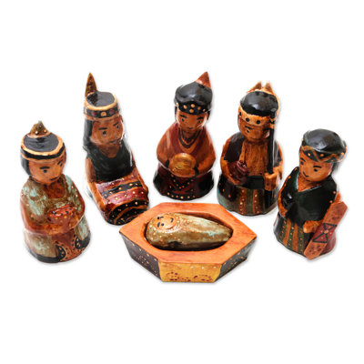 Crèche de Noël en bois faite à la main Dayak Aisle® (6 pièces)