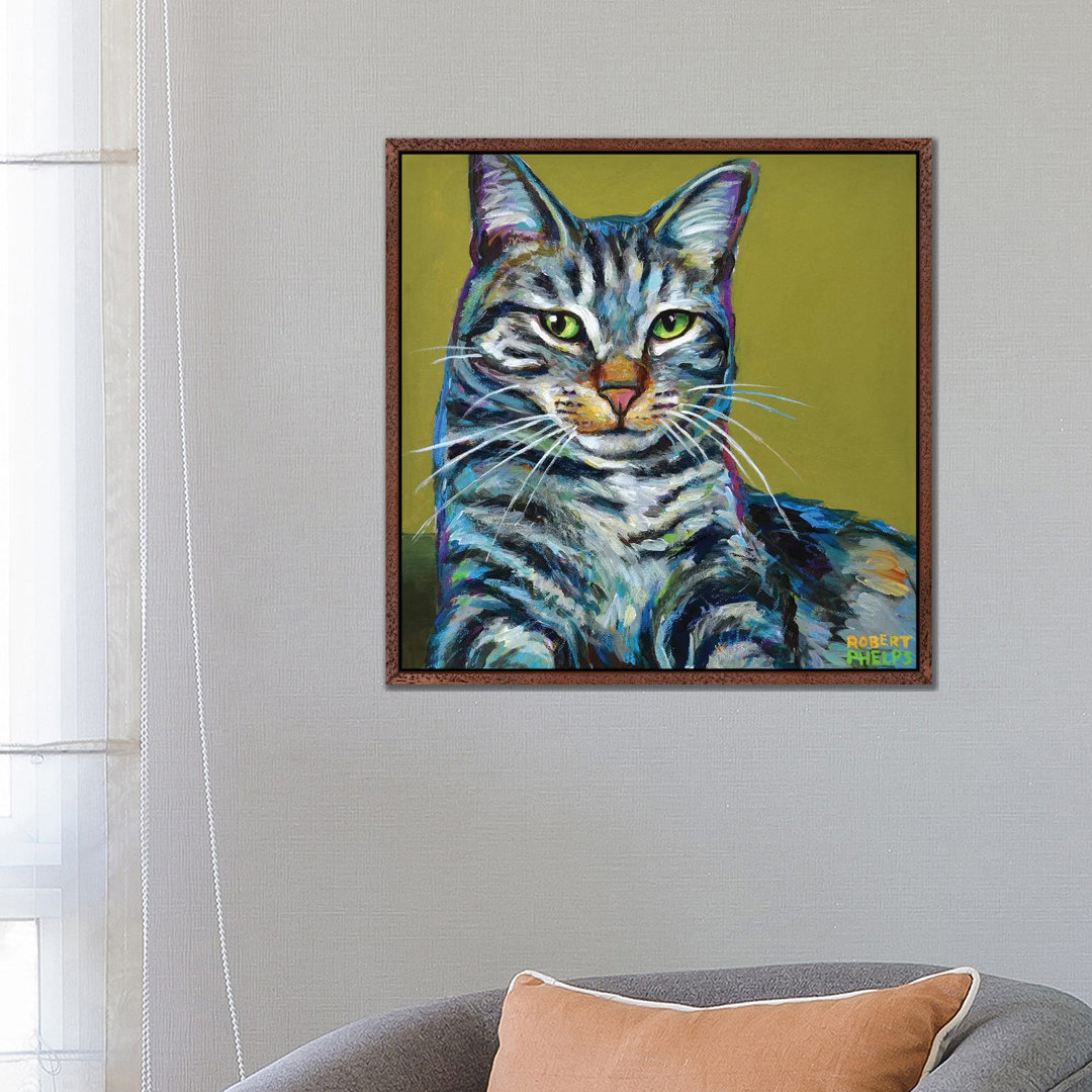 Gestreifte Tabby auf Grün von Robert Phelps - Galerie-verpackte Leinwand Giclée auf Leinwand