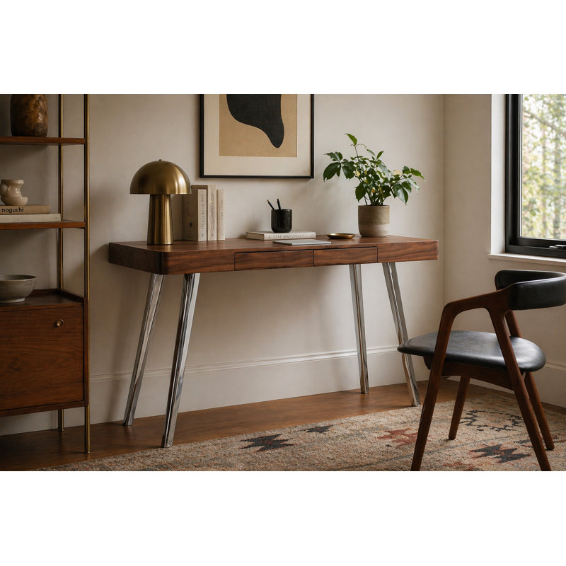 Pangea Home Hal Desk in Brown Walnut – Modern Wood Writing Desk for Home Office, Study, or Workspace, Walnut, Polished Metal