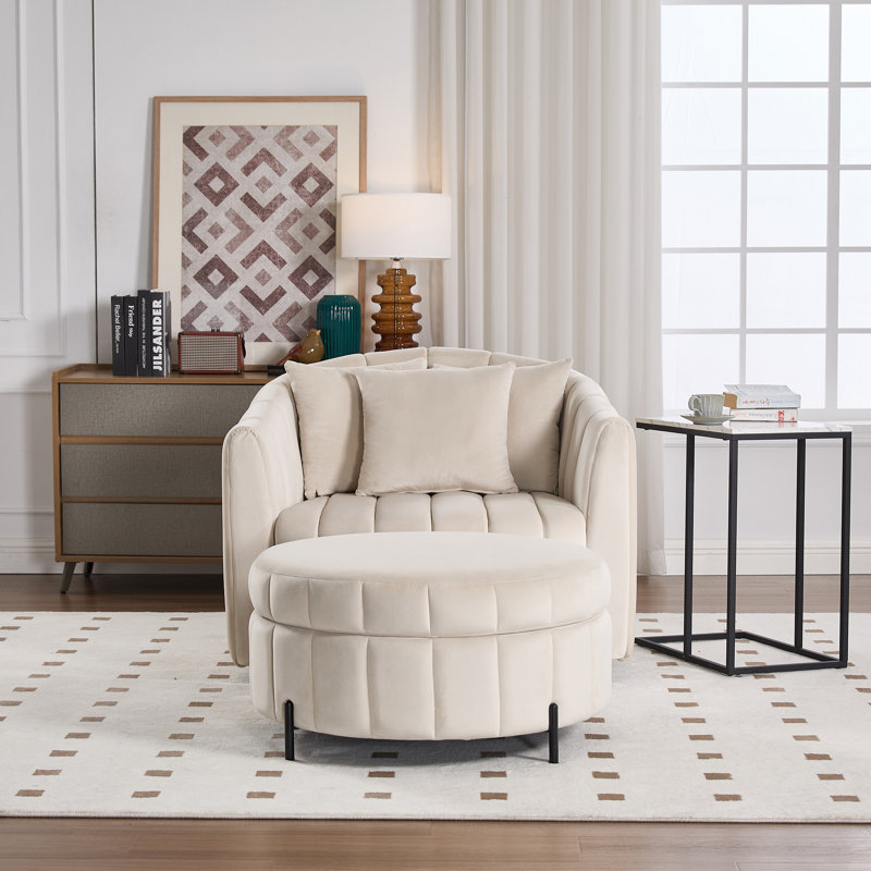 Upholstered  Swivel Barrel Armchair With Ottoman, Beige