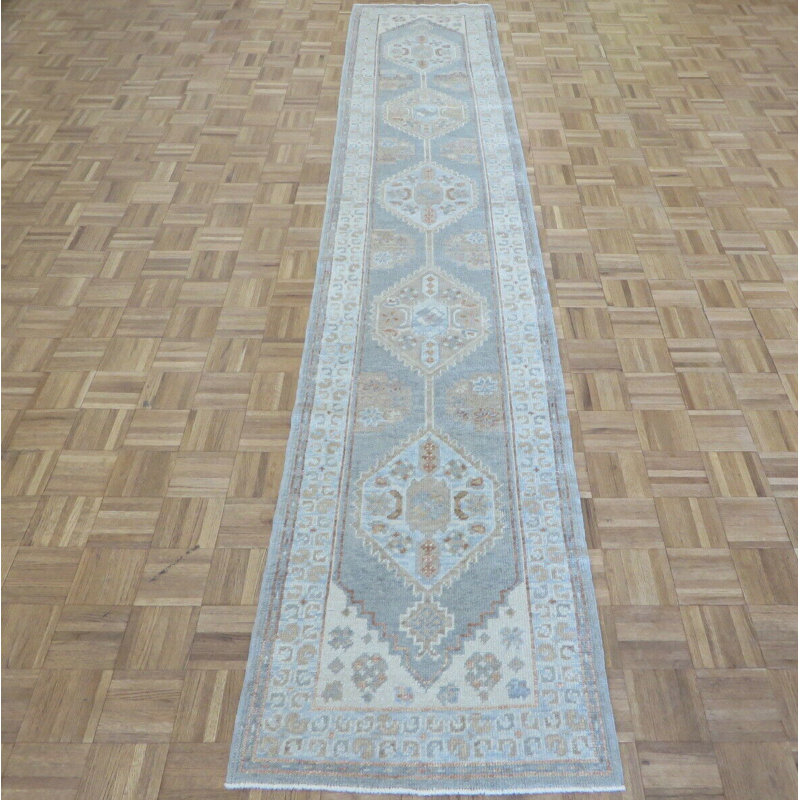 Tapis de couloir de noué à la main gris en Tapis décoratif laine de conception unique 2 pi 6 po x 13 pi 7 po buzard