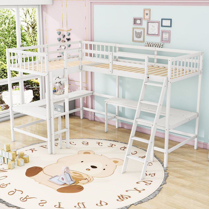 Lit mezzanine simple en bois en L avec bureau intégré et échelle, conception peu encombrante, Blanc