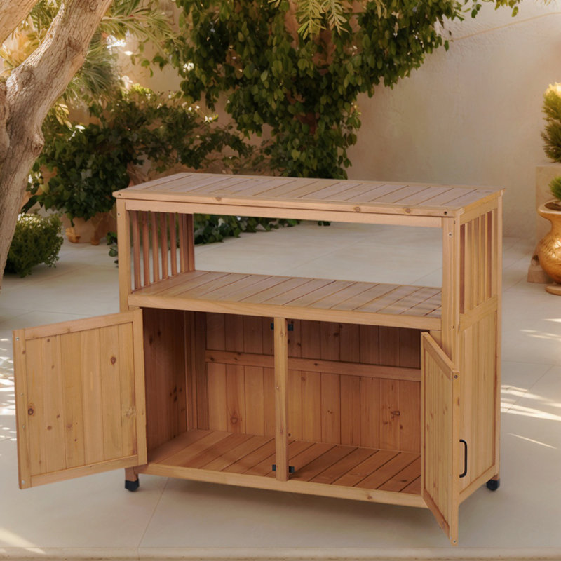 Solid Wood Patio Storage Cabinet, Outdoor Console Table With Slatted Design, Multi-Purpose Deck Box For Tools, Weather Resistant Garden Furniture