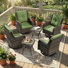 Ensemble de 6 chaises berçantes pivotantes en osier avec coussins verts et tables basses