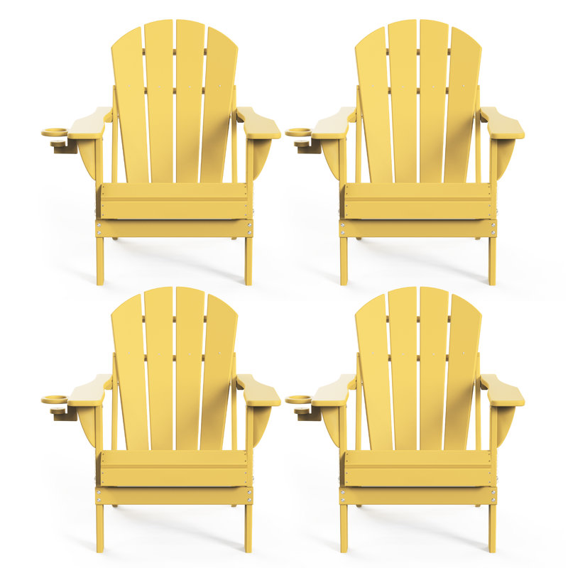 Chaise de patio d'extérieur en PEHD pliable avec porte-gobelet Adirondack, Lemon Yellow