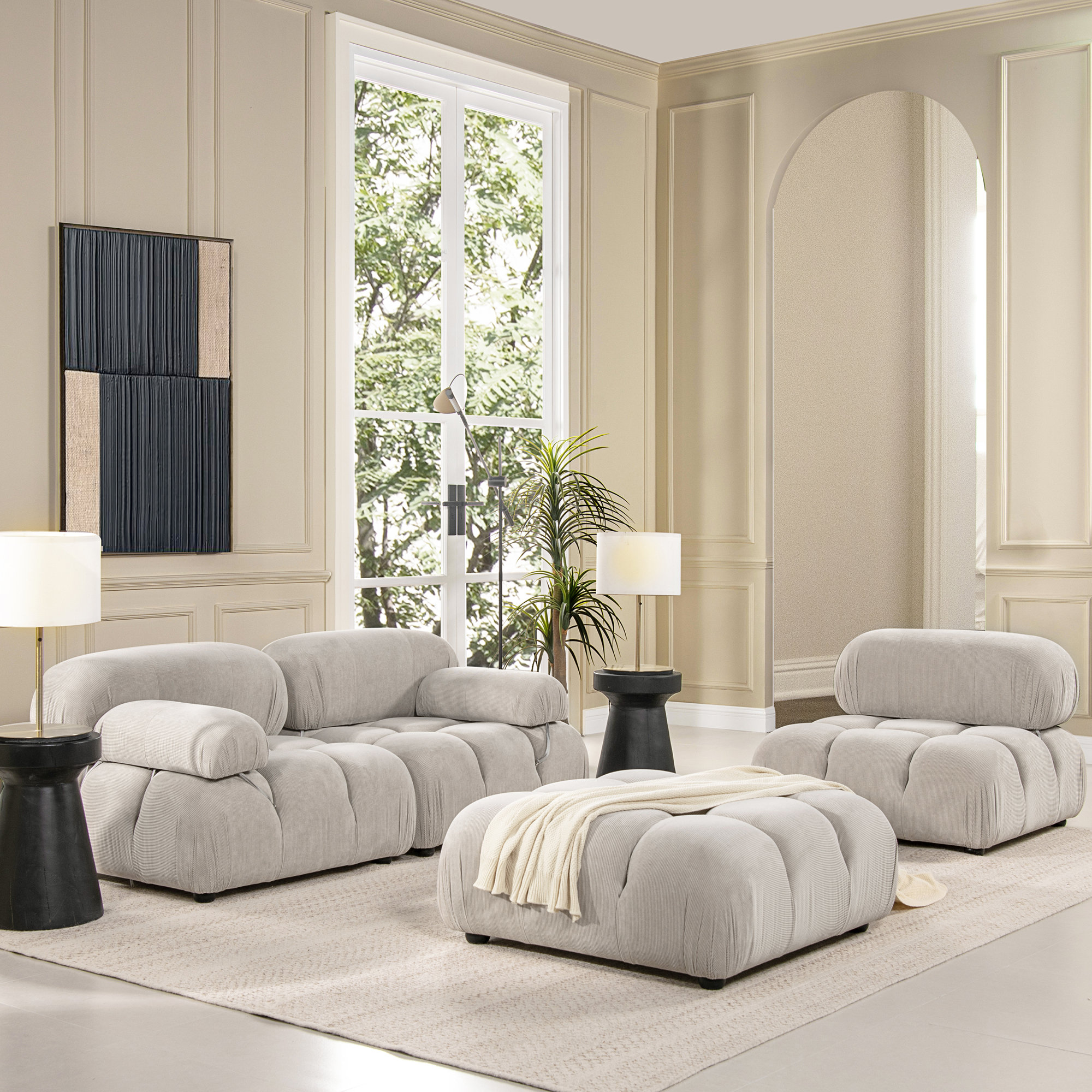 Reva Upholstered Ottoman, Pebble Gray Corduroy