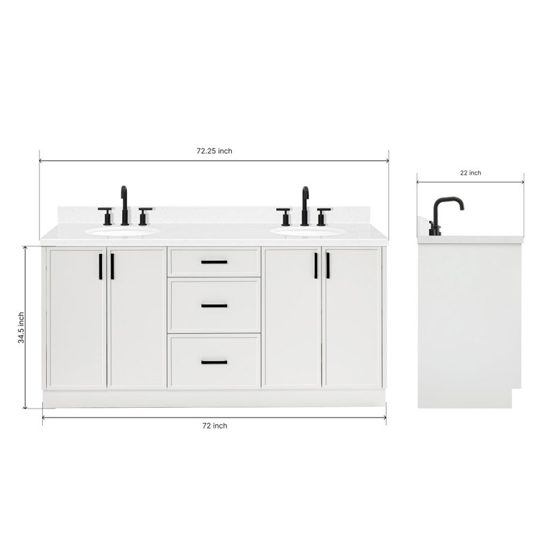 ARIEL Kelly 72 Double Sink Bathroom Vanity with Carrara Quartz Top, White
