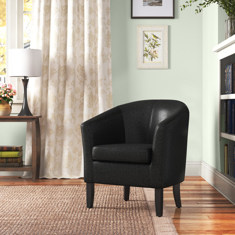 Munson 26.77" Wide Faux Leather Barrel Chair, Black Faux Leather