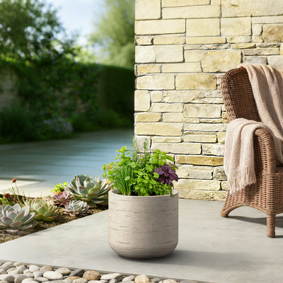 14 in. Medium Stone Gray Concrete Round Planter / Pot with Drainage Holes for Indoor & Outdoor, Upgraded Interior