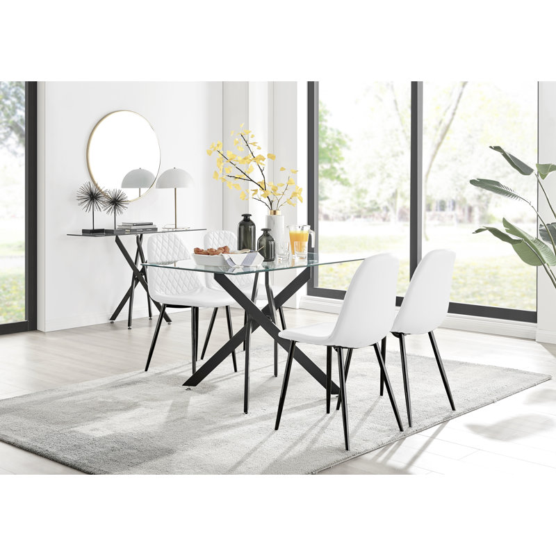 Lenworth Modern Black Metal and Glass Dining Table Set with 4 Luxury Faux Leather Dining Chairs, White/Black