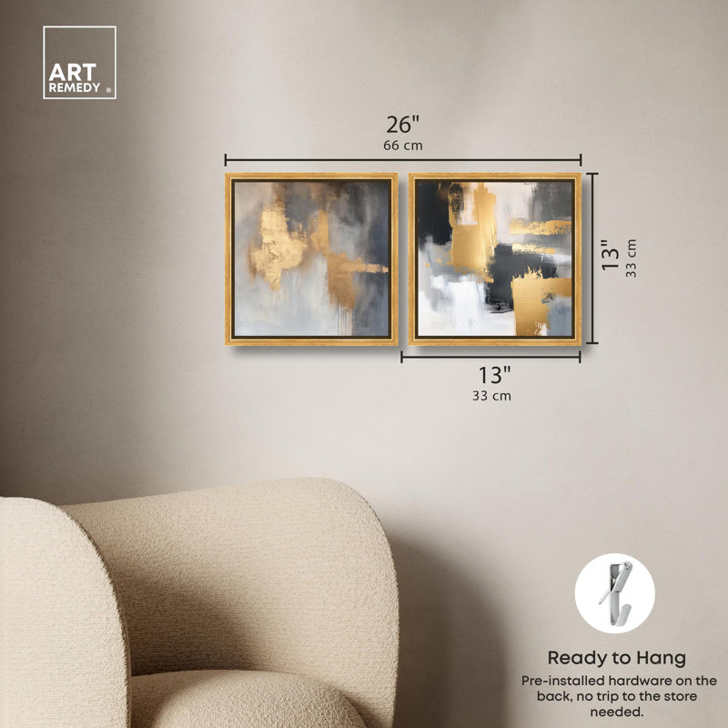 «Gilded Tranquil Abstract Art», ensemble de 2 panneaux sur toile par , H 13 po x l 13 po, Doré