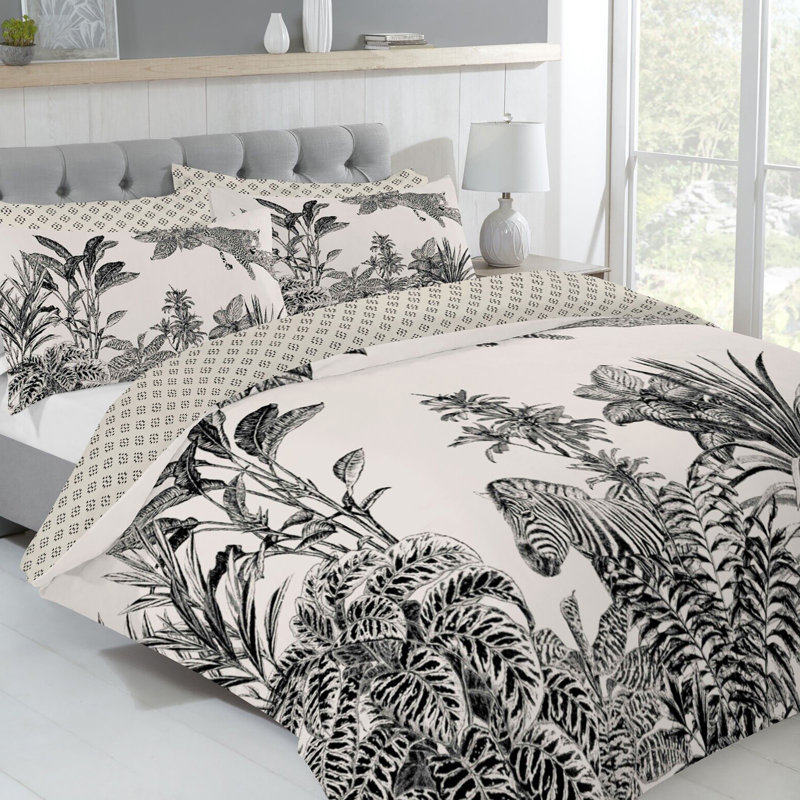 NightComfort Monochrome Zebra Palm Duvet Cover Set With Pillowcase, Double - 2 Standard Pillowcases