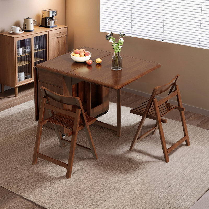 Retro Style Folding Dining Table with Wheels & Storage, 1.3m & 1.5m Walnut, 4-6 Seater Movable Kitchen Table for Small Spaces, Flats, Living Rooms Fully Assembled, No Assembly Required.(Single Dining Table)