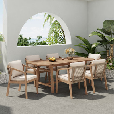 Riehlin Patio 7-Piece Acacia Wood Dining Set With Extendable Table & Cushions