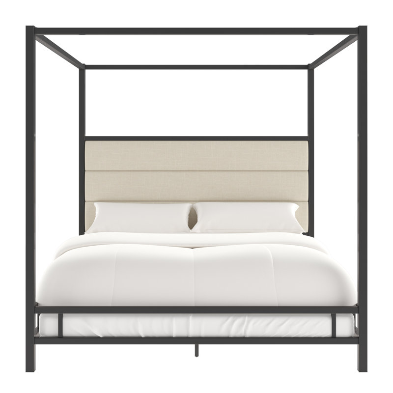Pettaway Upholstered Metal Canopy Bed, Black Nickel/Beige, Queen
