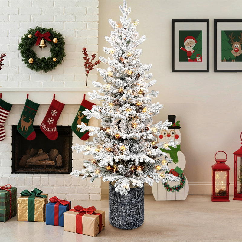 Sapin de Noël artificiel en flocons pré-éclairé en pot., 4.5'