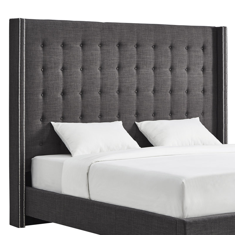 Kaster Upholstered Linen Wingback Headboard, King, Heathered Dark Grey Linen