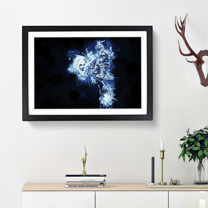Blue Neon Motocross in Abstract - Picture Frame Painting Print, 36cm H x 48cm W x 2cm D, Black Framed
